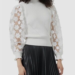 $138 French Connection Women's White Sheer Sleeve Turtleneck Crop Sweater Size L